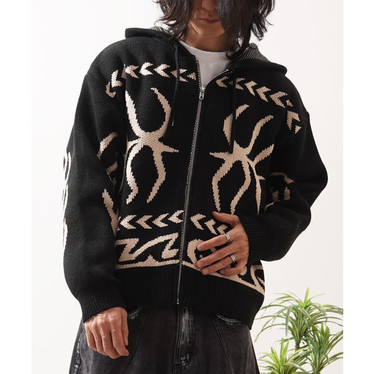 BLACK | ニットジップアップパーカー メンズ ニット | ONE 4 PREMIUM