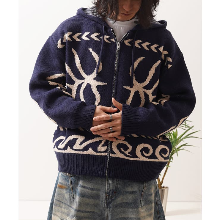 NAVY | ニットジップアップパーカー メンズ ニット | ONE 4 PREMIUM