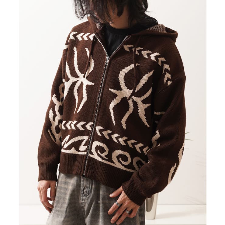 BROWN | ニットジップアップパーカー メンズ ニット | ONE 4 PREMIUM