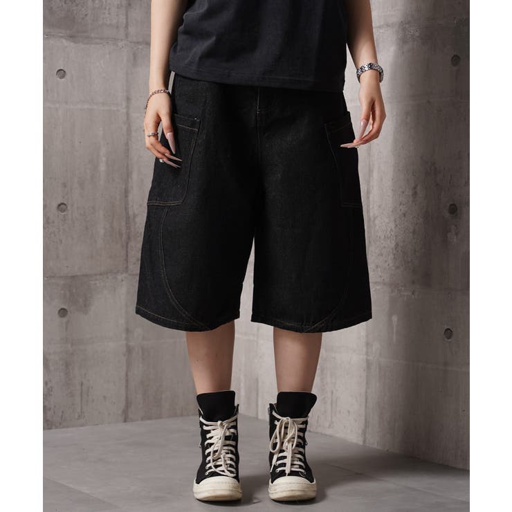 BLACK | ワンウォッシュデニム ワイドパンツ ショートパンツ | ONE 4 PREMIUM