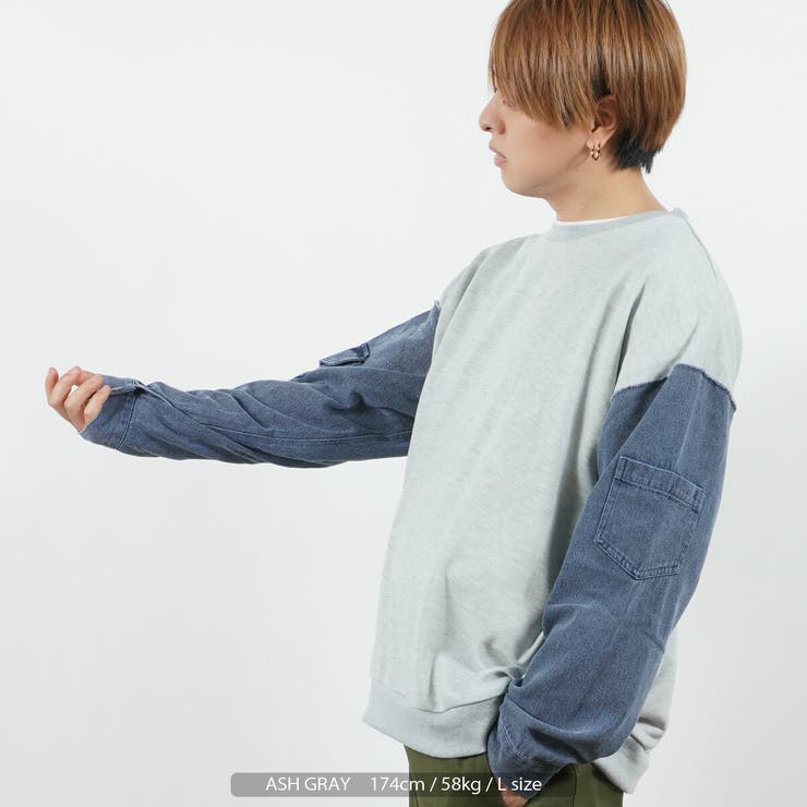袖デニム ルーズスウェットシャツ トレーナー