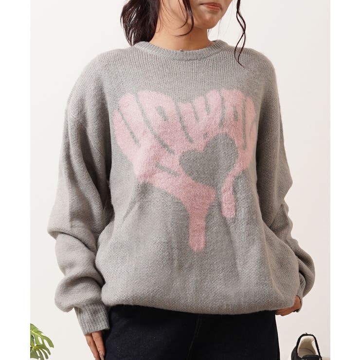 ハート/グレー | モヘアライク 総柄 クルーネックニット | ONE 4 PREMIUM
