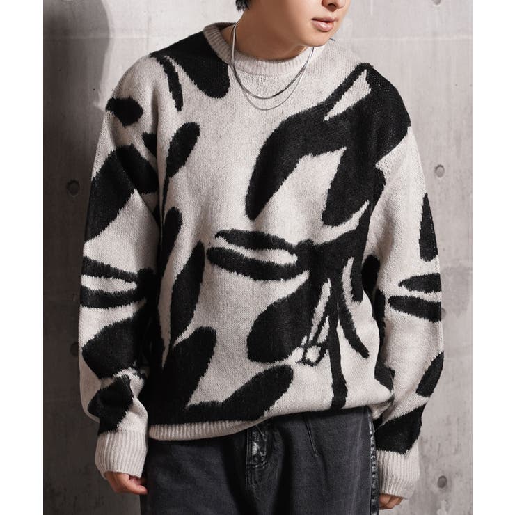 フラワー/ブラック | モヘアライク 総柄 クルーネックニット | ONE 4 PREMIUM