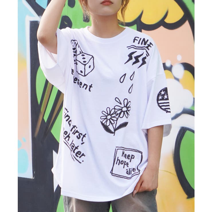 tシャツ ビジューエンブロイダリーオーバーサイズT レディース JieDa × monkey time＞ エンブロイダリー オーバーサイズ Tシャツ