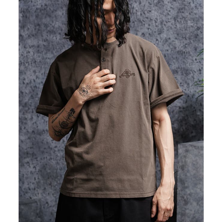 BROWN | ピグメント加工 Tシャツ ヘンリーネック | ONE 4 PREMIUM