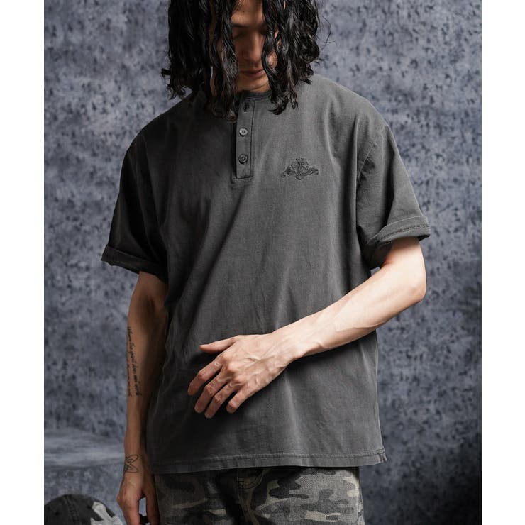 BLACK | ピグメント加工 Tシャツ ヘンリーネック | ONE 4 PREMIUM