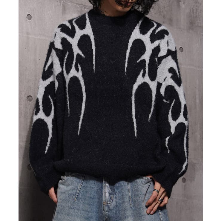 BLK×GRY | トライバル柄 フェザーニット メンズ | ONE 4 PREMIUM