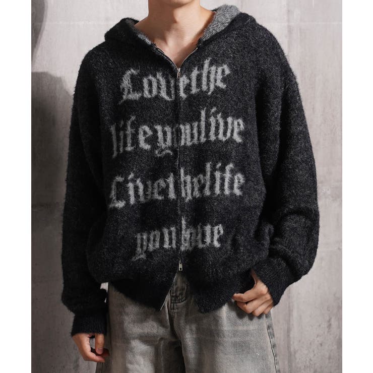 BLACK | シャギーニット レタリング ジップパーカー | ONE 4 PREMIUM