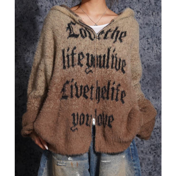 BROWN | シャギーニット レタリング ジップパーカー | ONE 4 PREMIUM