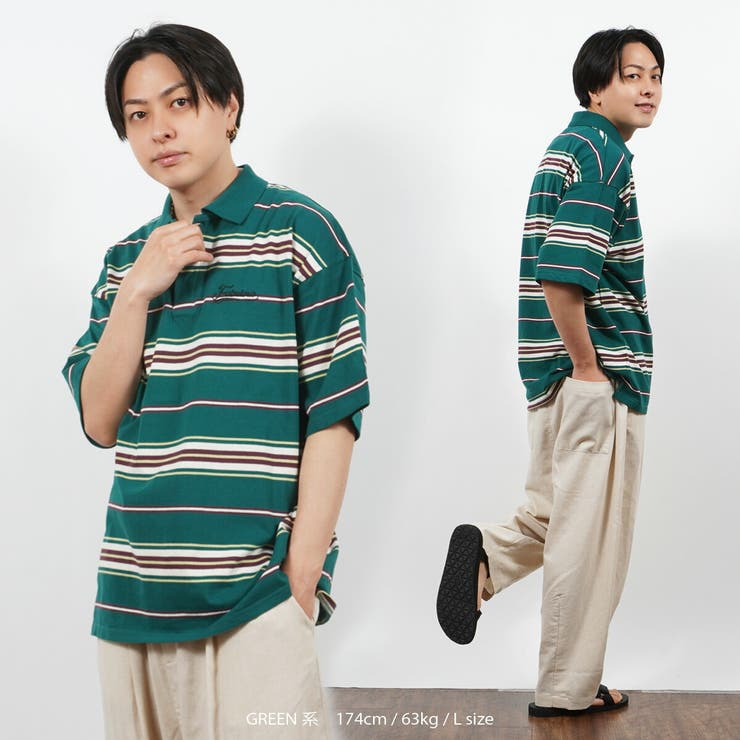 kapital 極美品 23 マルチ ボーダー ポロ シャツ 鹿の子 2 M 緑 ◇マルチボーダーワンポイント刺繍ビッグPOLO◇ ポロシャツ