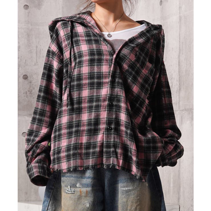 PINK | フリンジ チェックシャツ パーカー | ONE 4 PREMIUM