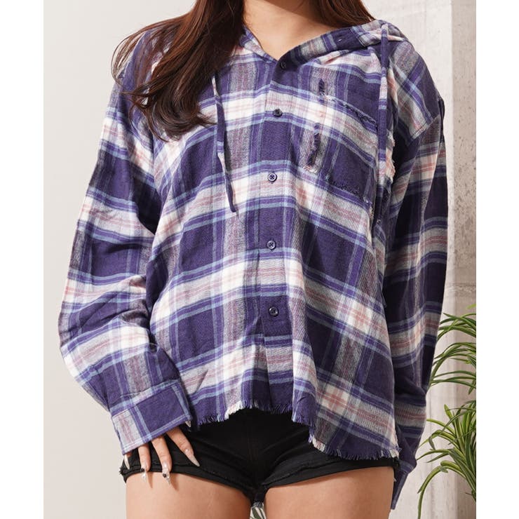 PURPLE | フリンジ チェックシャツ パーカー | ONE 4 PREMIUM