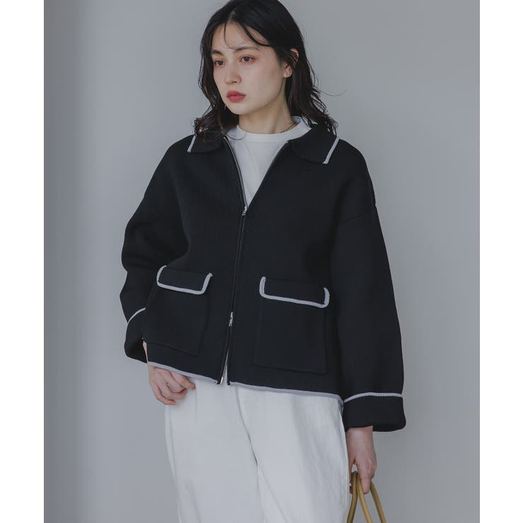 ブラック | 配色使いジップニットカーディガン | 210nouve