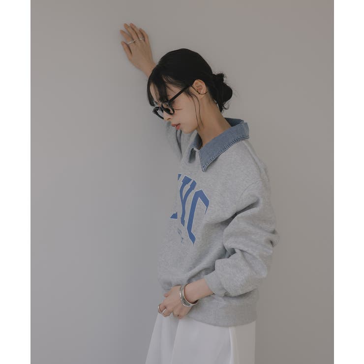 デニム シャツ ドッキング ロゴ スウェット / プルオーバー | 210nouve | 詳細画像14 