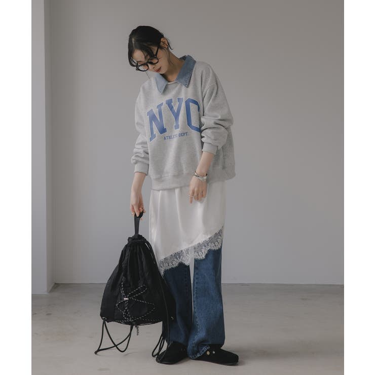 デニム シャツ ドッキング ロゴ スウェット / プルオーバー | 210nouve | 詳細画像15 