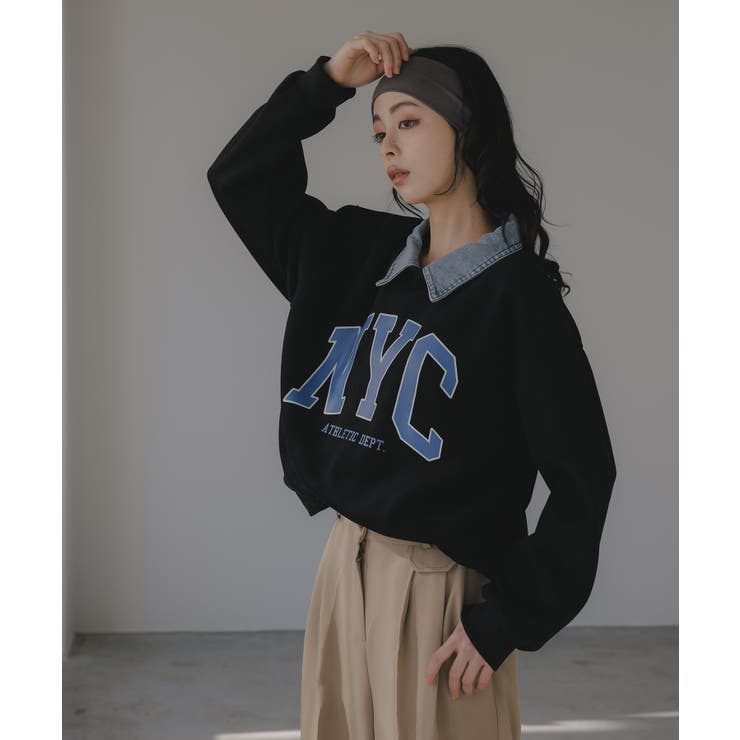 ブラック | デニム シャツ ドッキング ロゴ スウェット / プルオーバー | 210nouve