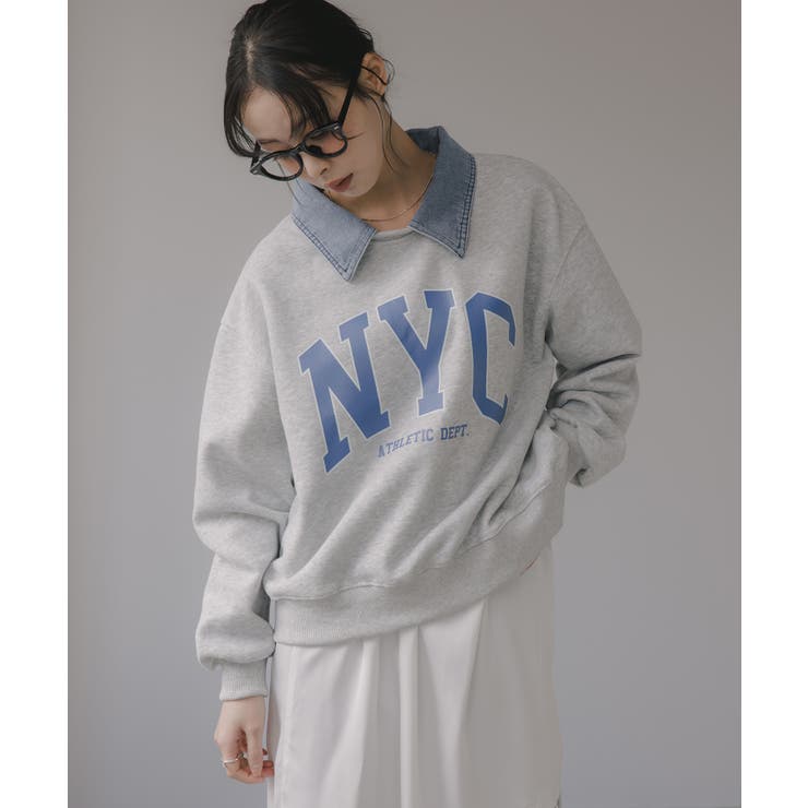 グレー | デニム シャツ ドッキング ロゴ スウェット / プルオーバー | 210nouve