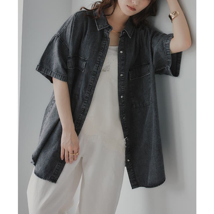 ブラック | ハーフスリーブビッグデニムシャツ | 210nouve