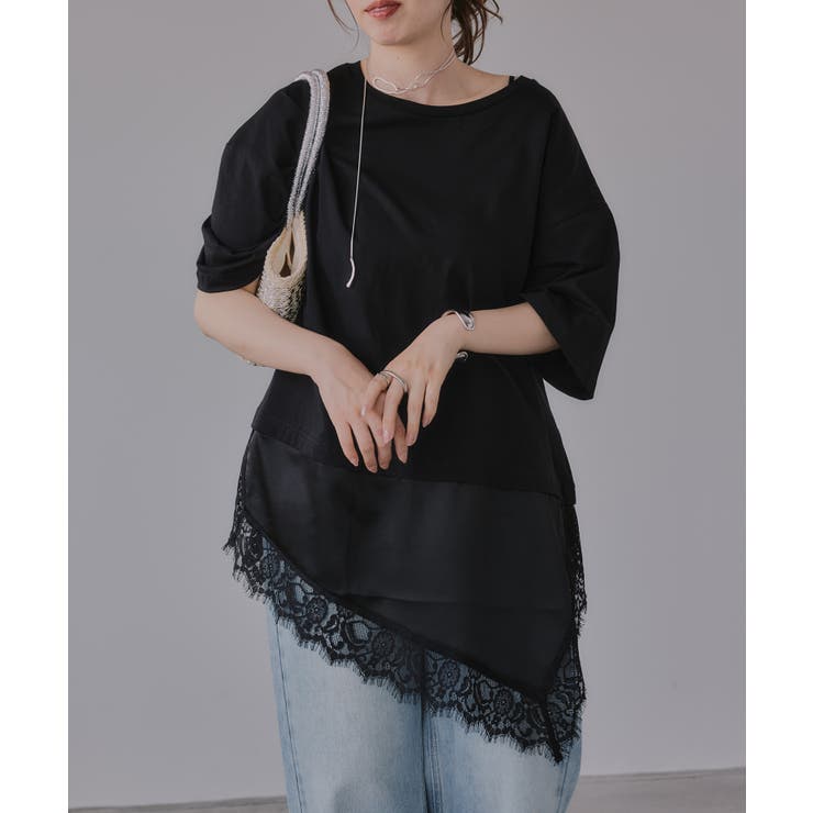 ブラック | レース ドッキング  Tシャツ | 210nouve