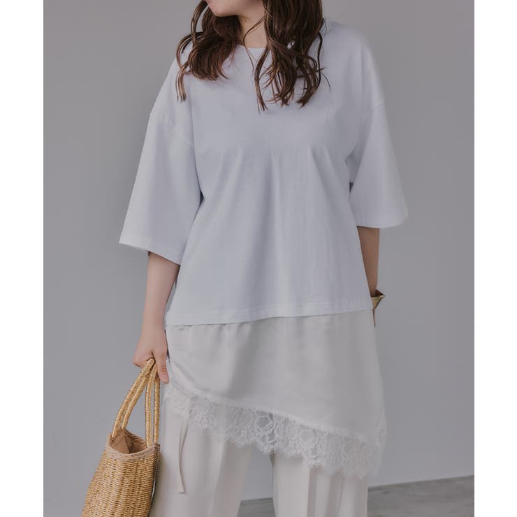 ホワイト | レース ドッキング  Tシャツ | 210nouve