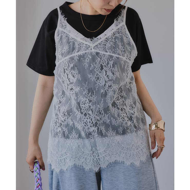 ホワイト | レースキャミレーヤードTシャツ | 210nouve