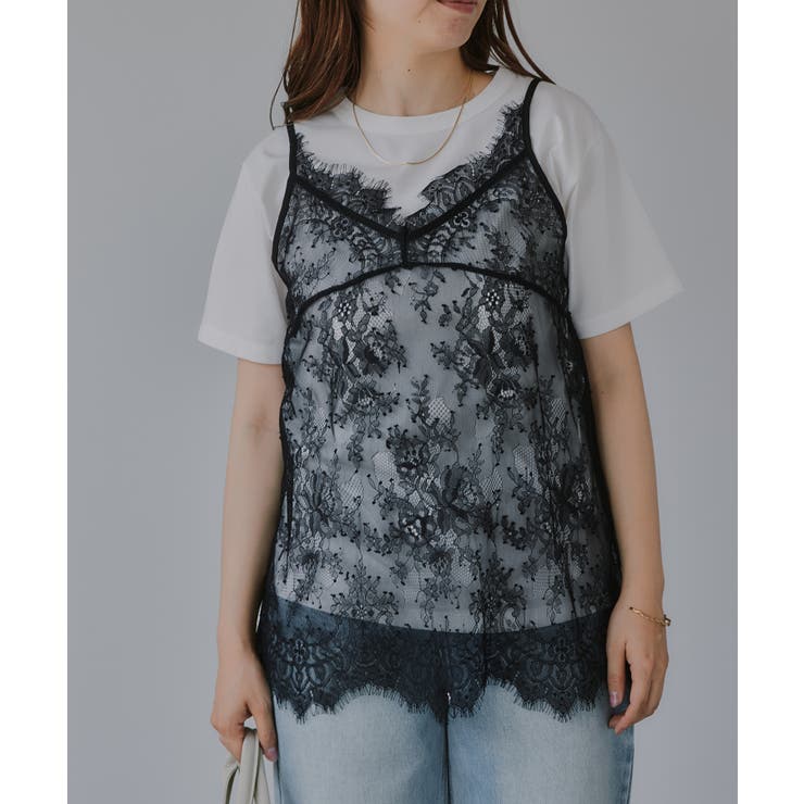 ブラック | レースキャミレーヤードTシャツ | 210nouve