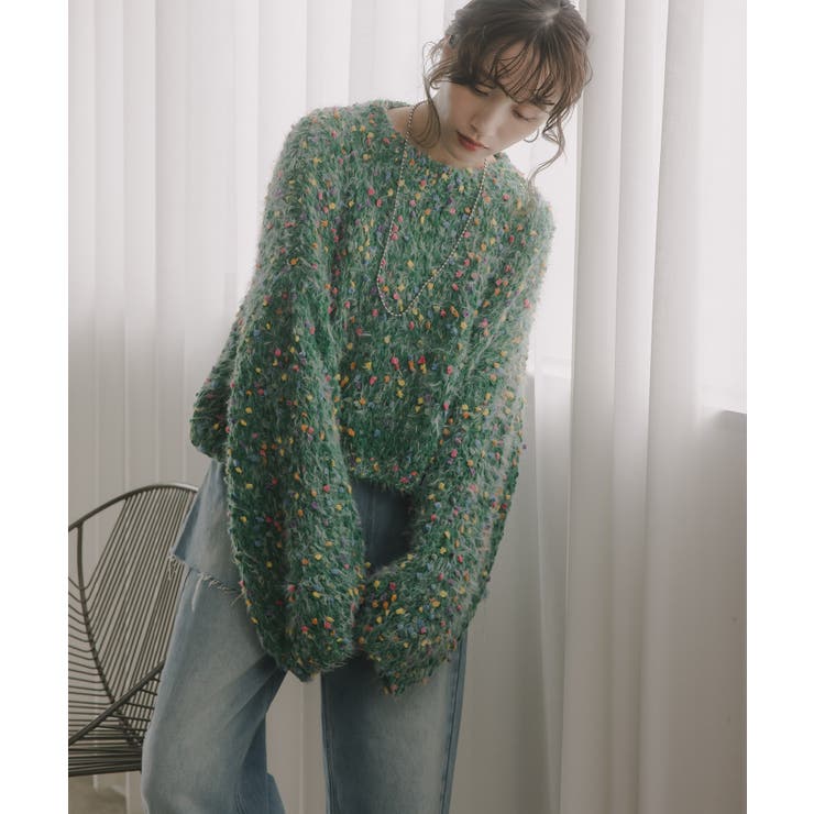 グリーン | ミックスカラー オーバーサイズ クロップド丈 ニット | 210nouve