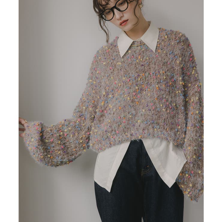 ブラウン | ミックスカラー オーバーサイズ クロップド丈 ニット | 210nouve