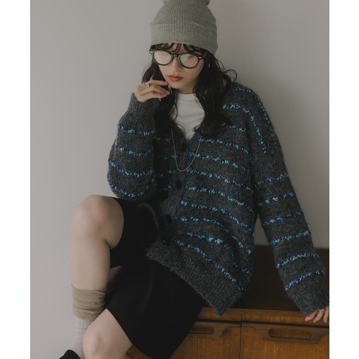 ツイード ボーダー オーバーサイズ ニット カーディガン | 210nouve | 詳細画像1 
