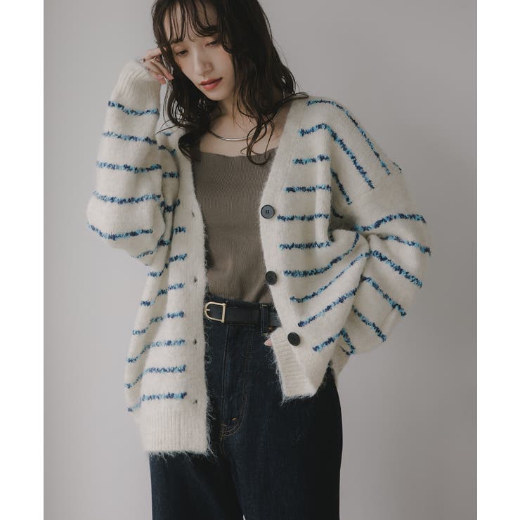 ホワイト | ツイード ボーダー オーバーサイズ ニット カーディガン | 210nouve