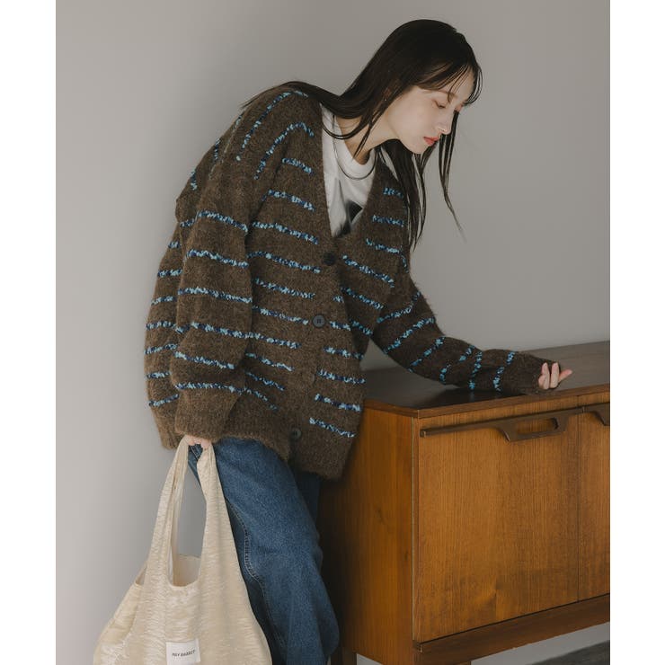 ブラウン | ツイード ボーダー オーバーサイズ ニット カーディガン | 210nouve