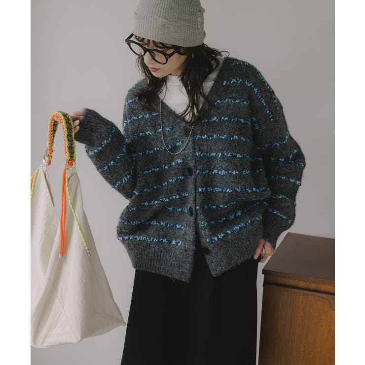 グレー | ツイード ボーダー オーバーサイズ ニット カーディガン | 210nouve