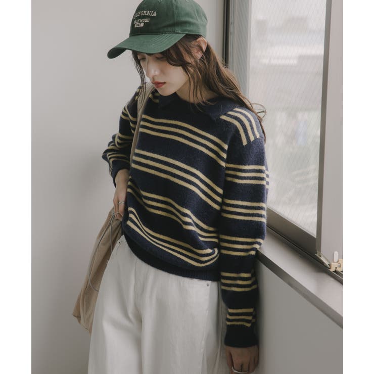 ネイビー | ラムタッチ ボーダー ポロニット | 210nouve