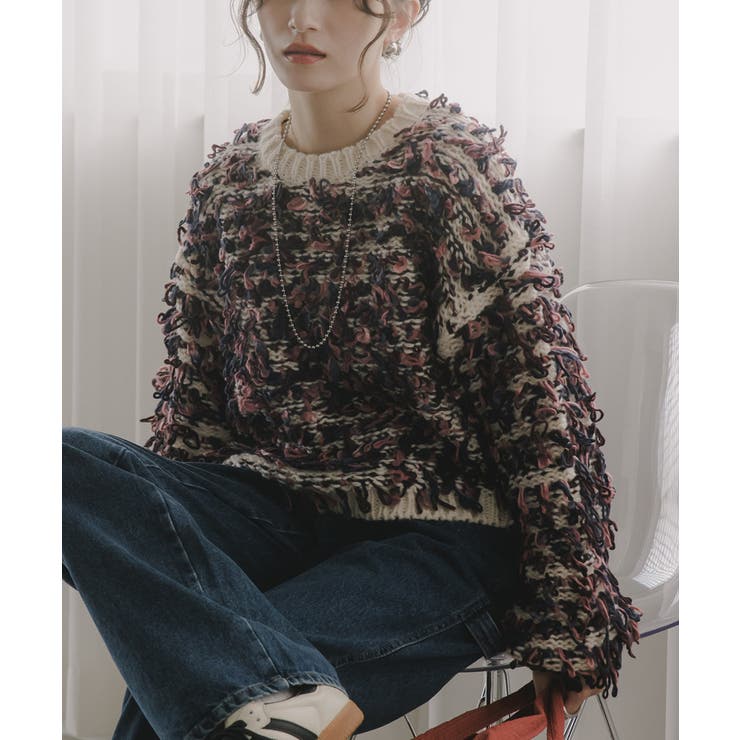 ピンク | ループヤーン マルチカラー フリンジ ニット | 210nouve