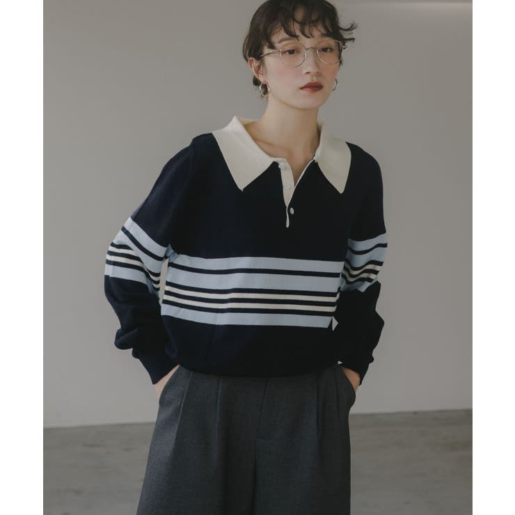 マルチボーダー ポロ襟 ニット | 210nouve | 詳細画像11 