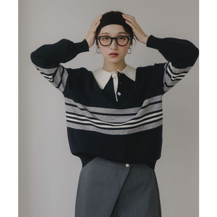マルチボーダー ポロ襟 ニット | 210nouve | 詳細画像2 