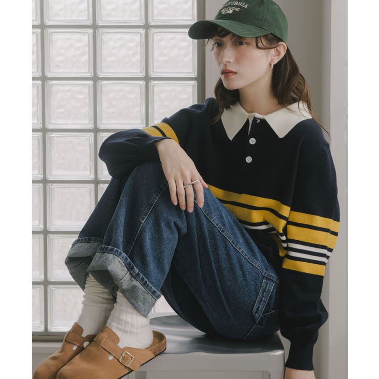 イエロー | マルチボーダー ポロ襟 ニット | 210nouve