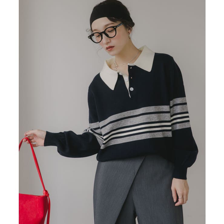 グレー | マルチボーダー ポロ襟 ニット | 210nouve