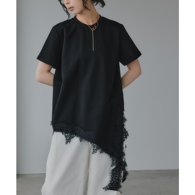 ブラック | 裾 レース ドッキング アシンメトリー Tシャツ | 210nouve