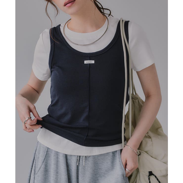 ネイビー | タンクセット レイヤード デザイン Tシャツ | 210nouve