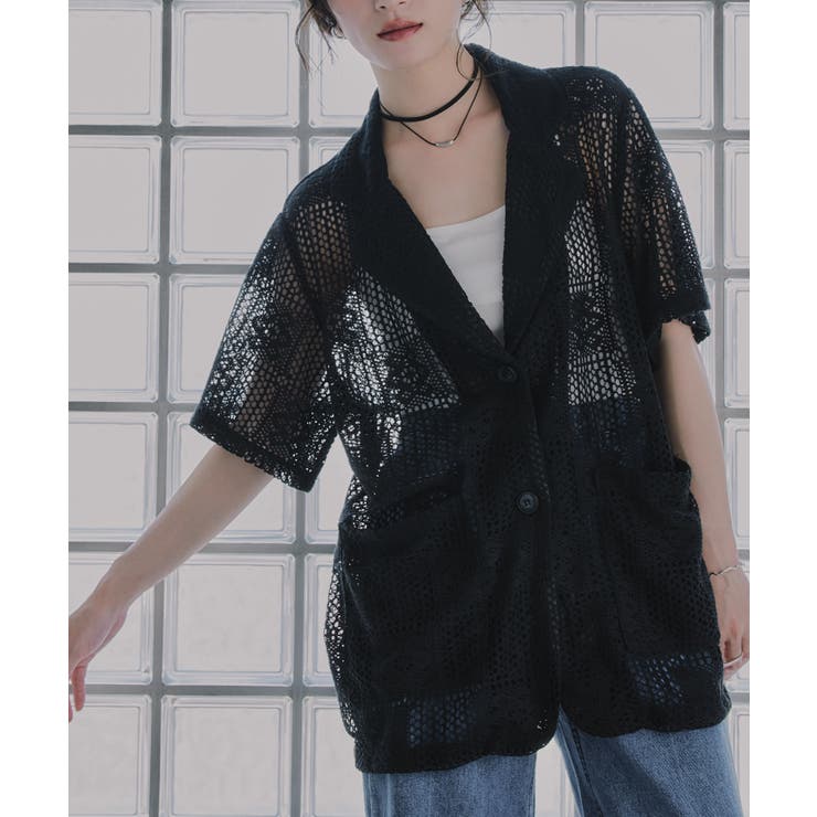 ブラック | クロッシェ レース テーラード 半袖  ジャケット | 210nouve