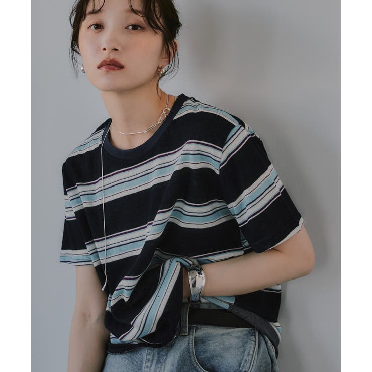 ネイビー | 配色 マルチボーダー シアー Tシャツ | 210nouve