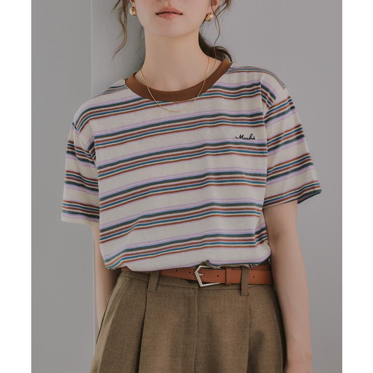 ブラウン | 配色 マルチボーダー リンガー Tシャツ | 210nouve