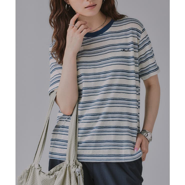 ネイビー | 配色 マルチボーダー リンガー Tシャツ | 210nouve