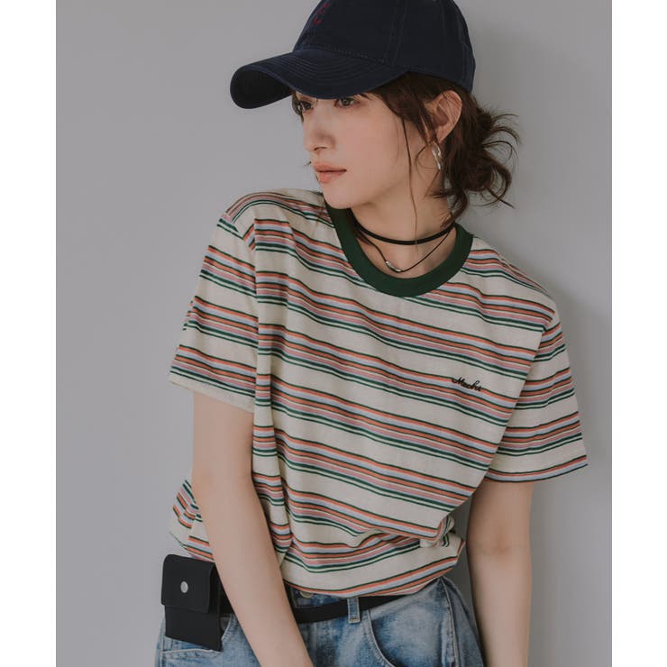 グリーン | 配色 マルチボーダー リンガー Tシャツ | 210nouve