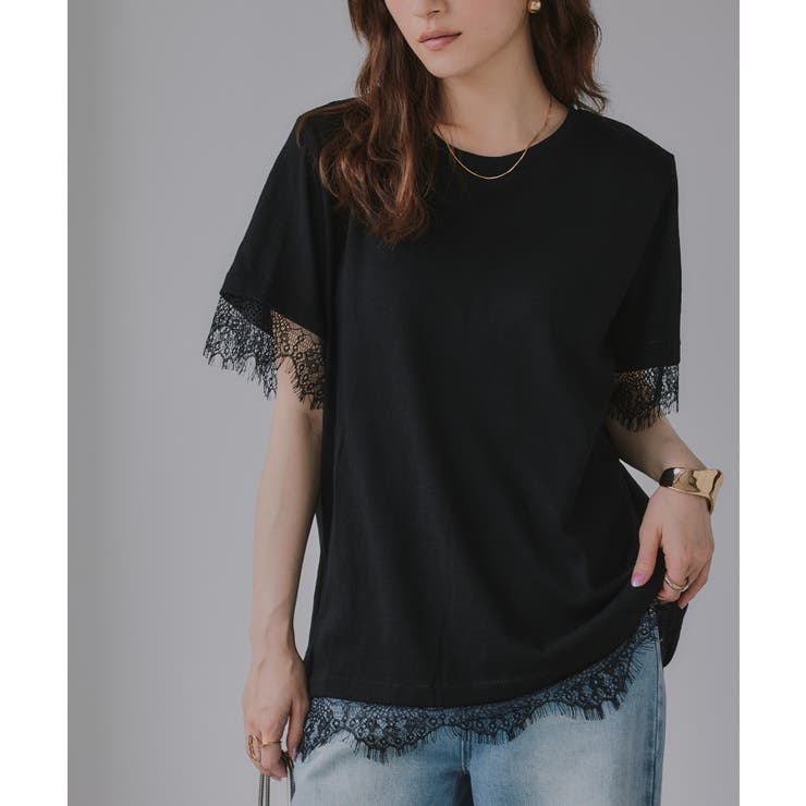 ブラック | レース ドッキング  Tシャツ | 210nouve