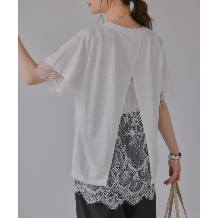 ホワイト | レース ドッキング  Tシャツ | 210nouve