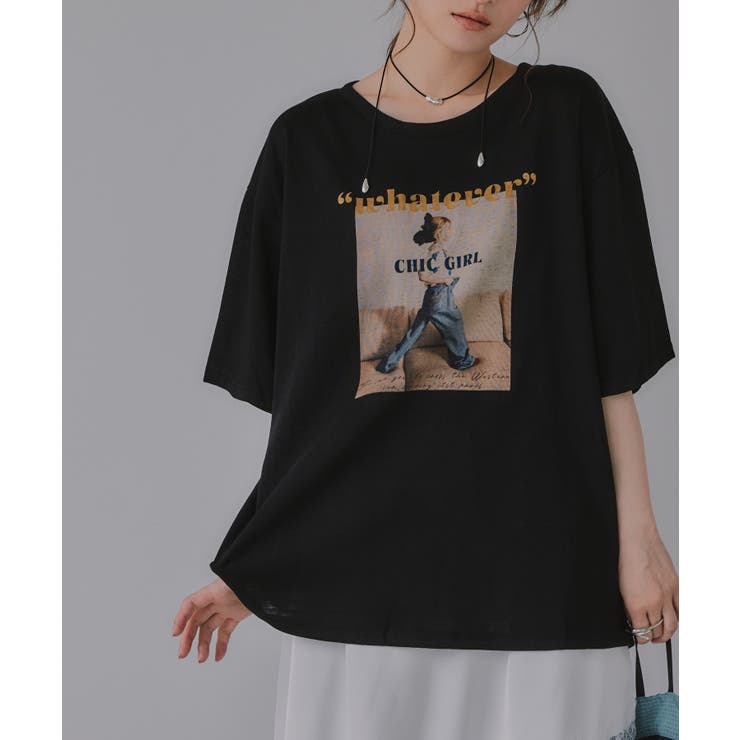 ブラック | オーバーサイズ ガール フォトプリント Tシャツ | 210nouve