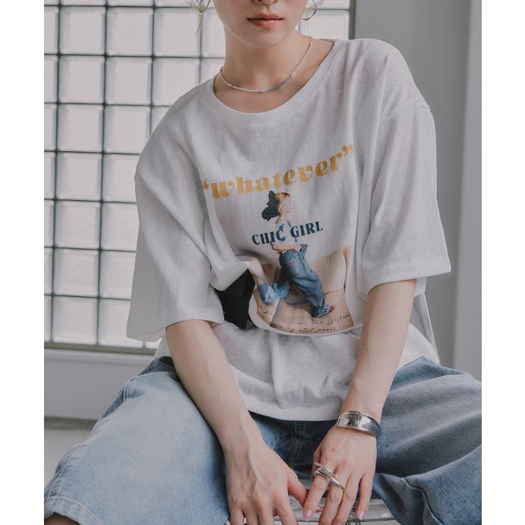 ホワイト | オーバーサイズ ガール フォトプリント Tシャツ | 210nouve