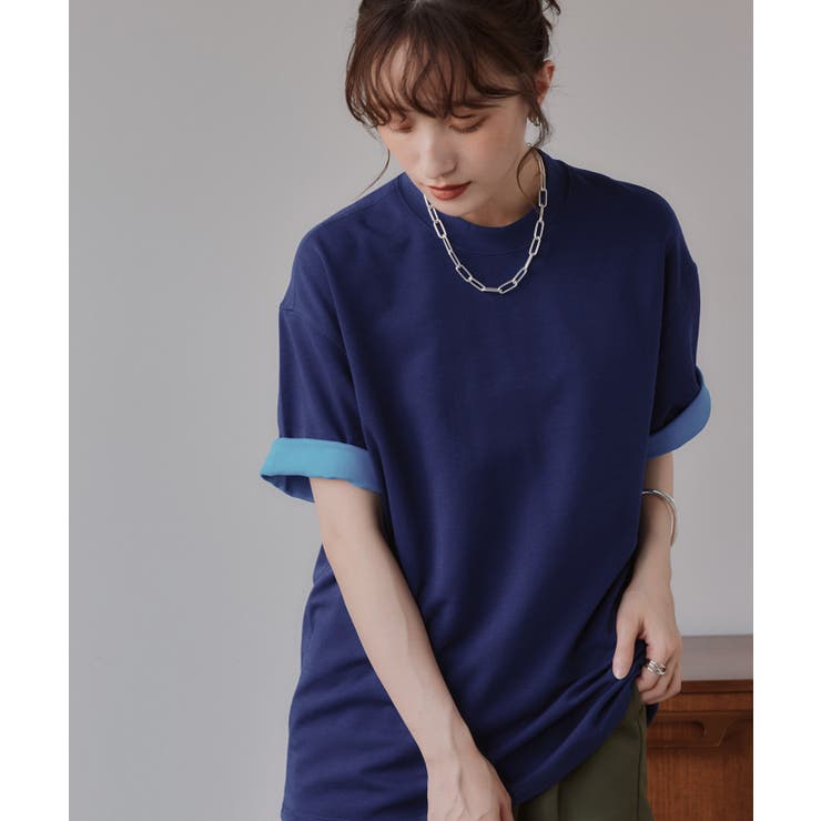 ネイビー | バイカラー ロールアップ Tシャツ | 210nouve
